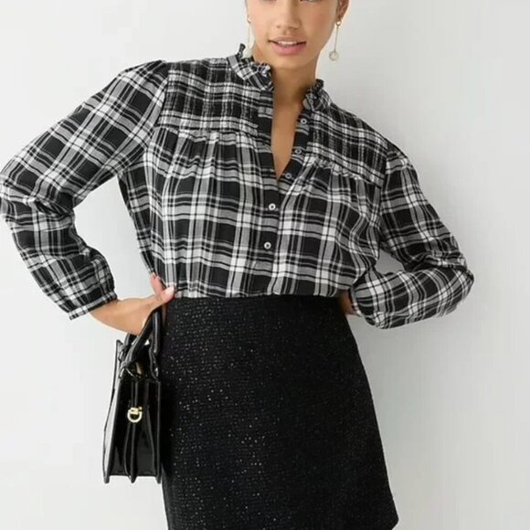 J. Crew Tops - J.Crew Ruffleneck Cotton-Blend Flannel Popover Blouse in Berkshire Plaid